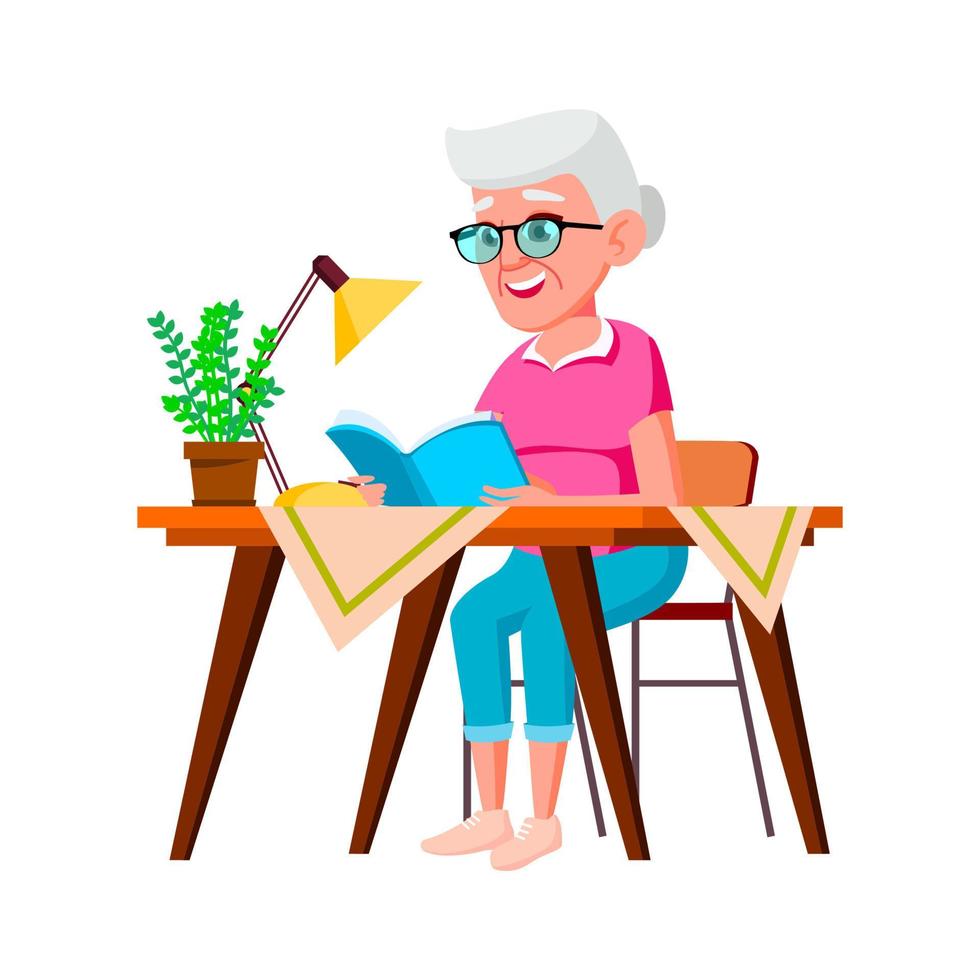 gammal kvinna Sammanträde på tabell och läsning bok vektor