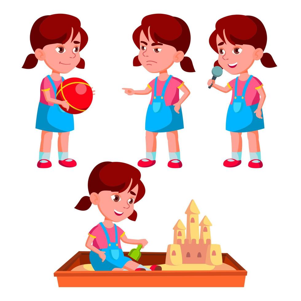 Mädchen-Kindergarten-Kind-Posen-Set-Vektor. spielerisches positives kleines baby. für Präsentation, Druck, Einladungsdesign. isolierte karikaturillustration vektor