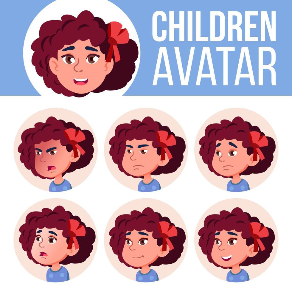 Mädchen-Avatar-Set-Kind-Vektor. Kindergarten. Emotionen begegnen. Web, Kopf, Symbol. Schönheit, Lebensstil, freundlich. Plakat, clipart. Cartoon-Kopf-Illustration vektor