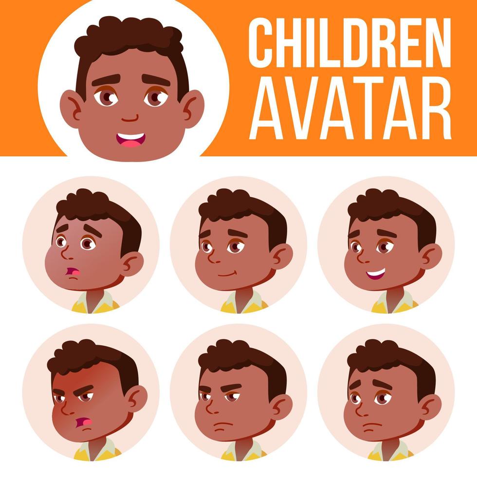 svart, afro amerikan pojke avatar uppsättning unge vektor. dagis. ansikte känslor. förskola, bebis, uttryck. födelse, liv, emotionell. skriva ut, inbjudan. tecknad serie huvud illustration vektor
