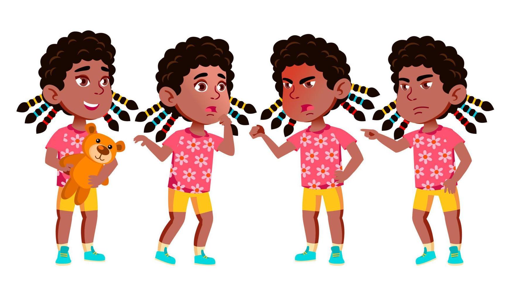 Mädchen-Kindergarten-Kind-Posen-Set-Vektor. Schwarz. Afroamerikaner. freundliche kleine Kinder. niedlich, komisch. für web, broschüre, plakatdesign. isolierte karikaturillustration vektor
