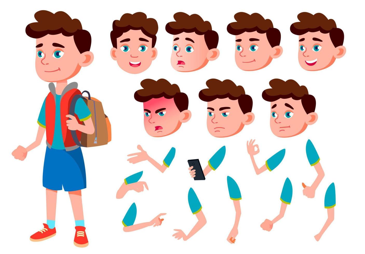 Junge, Kind, Kind, Teenager-Vektor. Freund. kluger positiver Mensch. Gesicht Emotionen, verschiedene Gesten. Animationserstellungsset. isolierte flache zeichentrickfigur illustration vektor