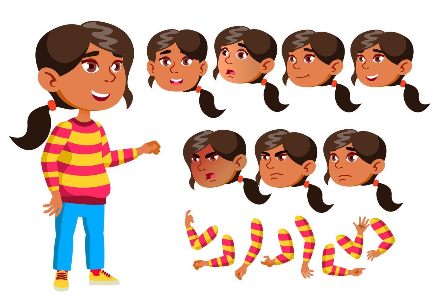 arab, muslim flicka, barn, unge, tonåring vektor. leende. söt. lycka njutning. ansikte känslor, olika gester. animering skapande uppsättning. isolerat platt tecknad serie karaktär illustration vektor