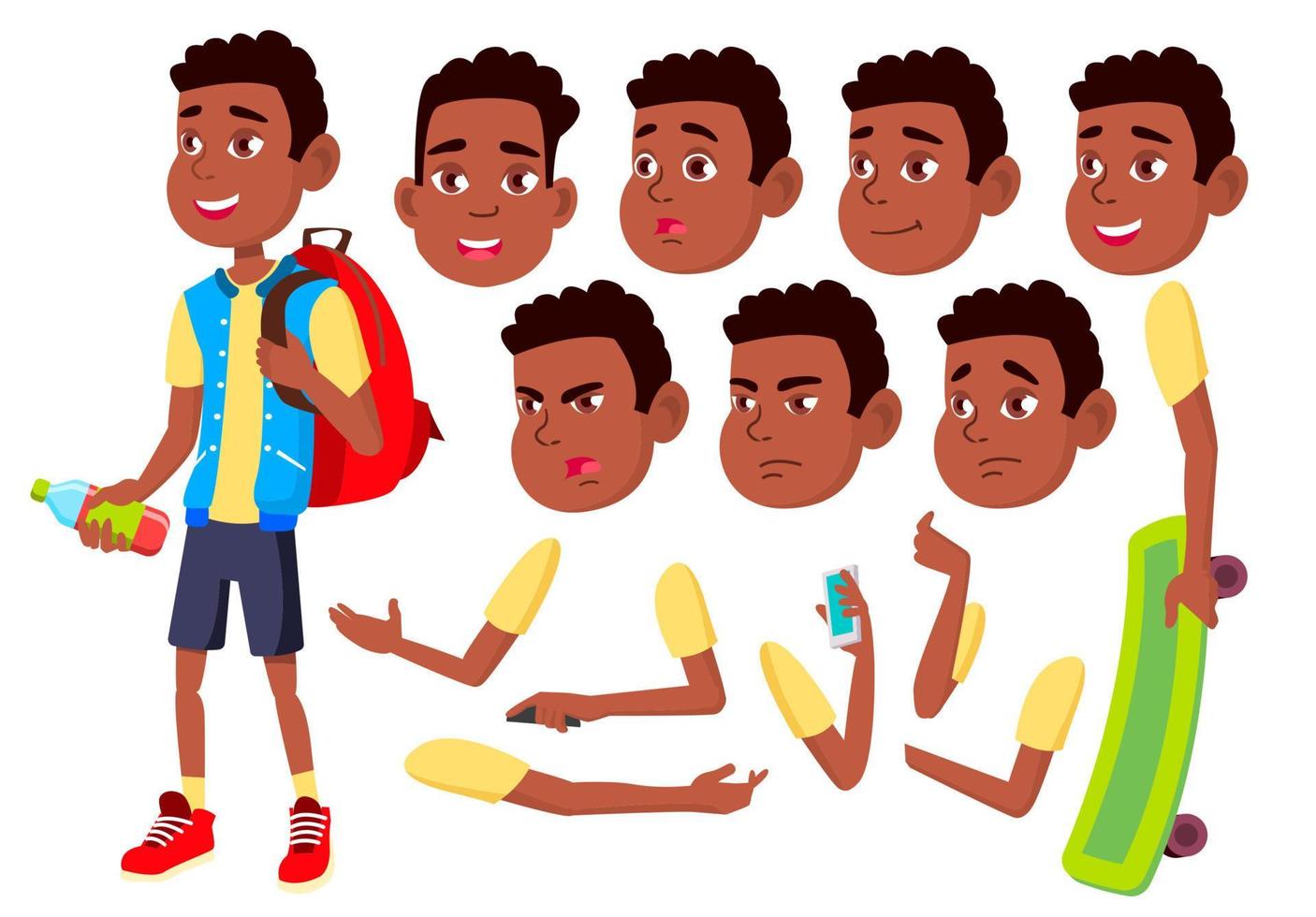 pojke, barn, unge, tonåring vektor. Lycklig barndom. afro amerikansk, svart. ansikte känslor, olika gester. animering skapande uppsättning. isolerat platt tecknad serie karaktär illustration vektor