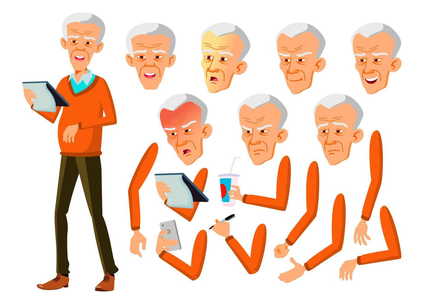 asiatisk gammal man vektor. senior person. åldrig, äldre människor. emotionell, utgör. ansikte känslor, olika gester. animering skapande uppsättning. isolerat platt tecknad serie karaktär illustration vektor