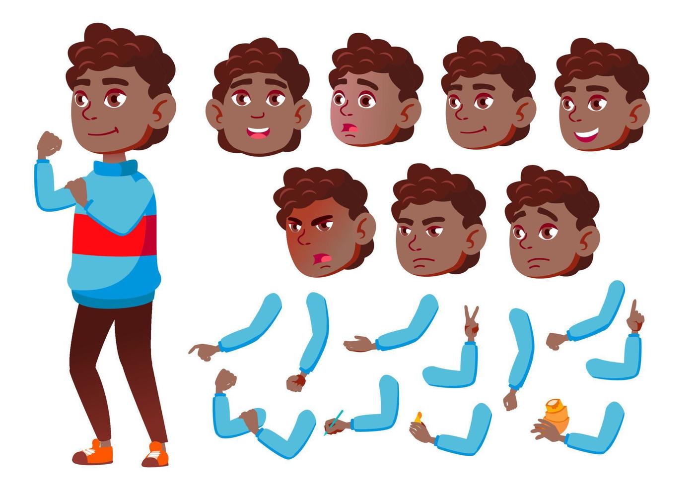 Teenager-Jungen-Vektor. Schwarz. Afroamerikaner. Teenager. kaukasisch, positiv. Gesicht Emotionen, verschiedene Gesten. Animationserstellungsset. isolierte flache zeichentrickfigur illustration vektor