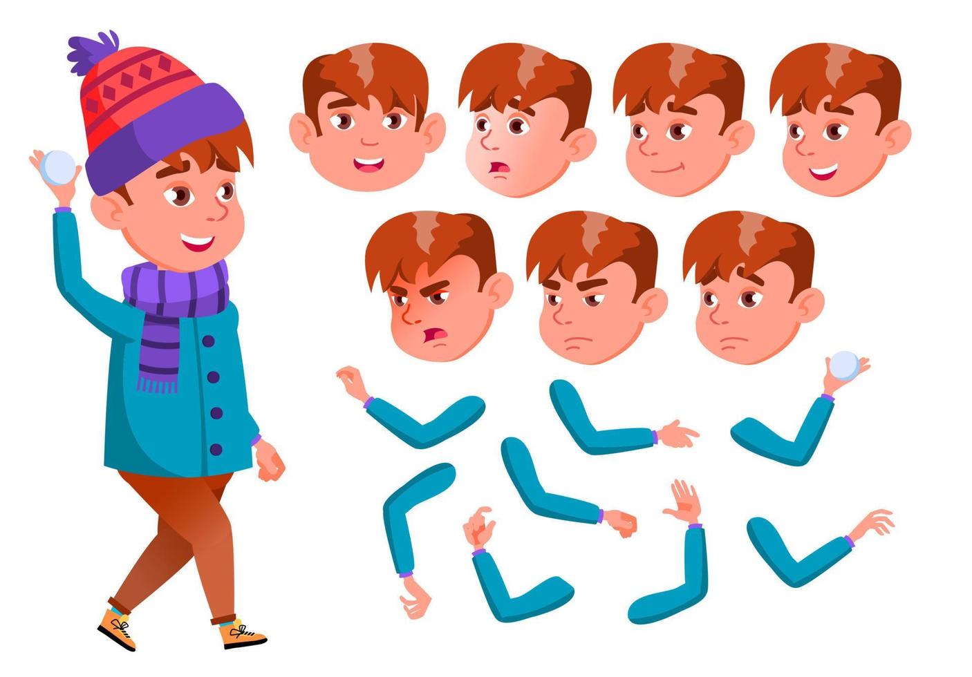 Junge, Kind, Kind, Teenager-Vektor. aktiv süß. jubel, hübsch. Gesicht Emotionen, verschiedene Gesten. Animationserstellungsset. isolierte flache zeichentrickfigur illustration vektor