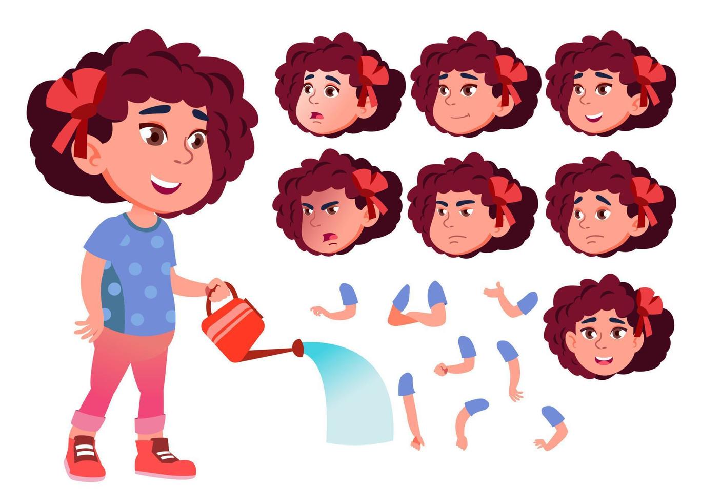 Mädchen, Kind, Kind, Teenager-Vektor. Freizeitkleidung. positiv. Gesicht Emotionen, verschiedene Gesten. Animationserstellungsset. isolierte flache zeichentrickfigur illustration vektor