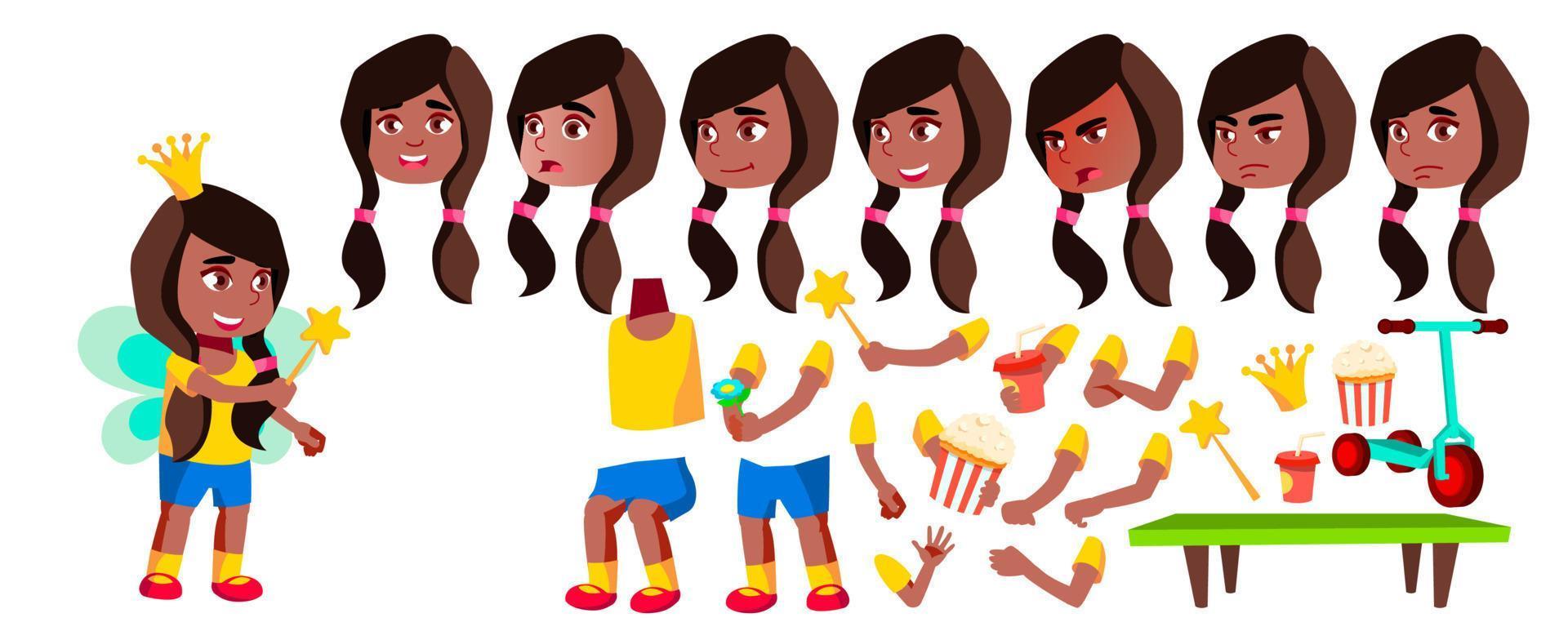 Mädchen Kindergarten Kind Vektor. Schwarz. Afroamerikaner. Animationserstellungsset. Gesicht Emotionen, Gesten. ziemlich positiv Baby. Freizeit. für web, broschüre, plakatdesign. animiert. isolierte Abbildung vektor