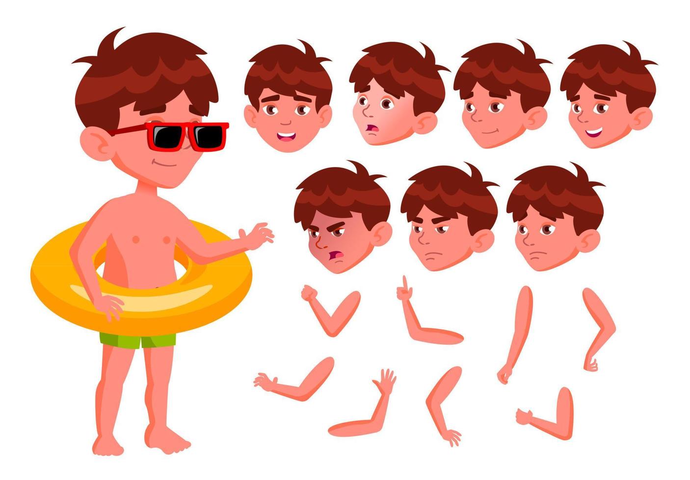 Junge Kind Vektor. positives Kind im Wasserpark. Emotionen, Gesten. Sommerurlaub. Animationserstellungsset. isolierte flache zeichentrickfigur illustration vektor