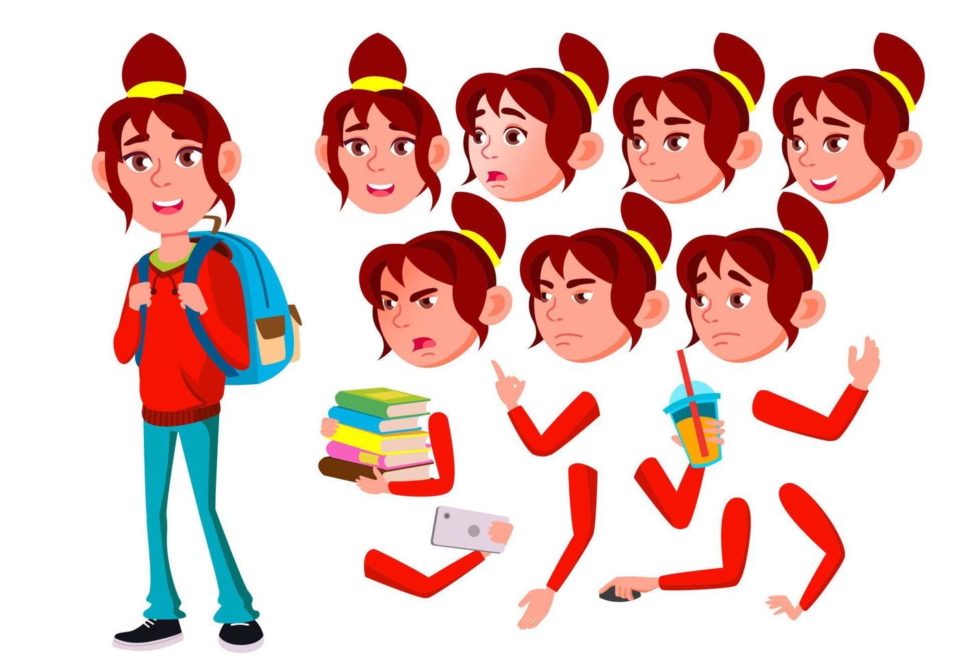 Teenager-Mädchen-Vektor. Teenager. freundlich, jubeln. Gesicht Emotionen, verschiedene Gesten. Animationserstellungsset. isolierte flache zeichentrickfigur illustration vektor