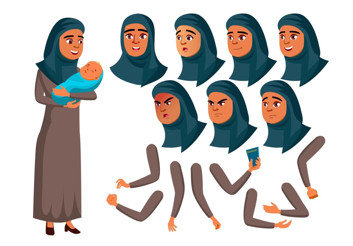 arabischer, muslimischer jugendlich Mädchenvektor. Teenager. erwachsene Menschen. Mutter und Baby. beiläufig. lustig, fröhlich. Gesicht Emotionen, verschiedene Gesten. Animationserstellungsset. isolierte flache zeichentrickfigur illustration vektor