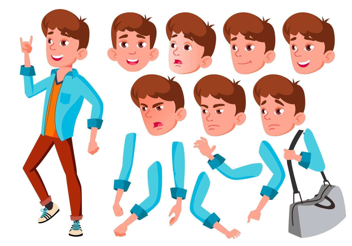 Teenager-Jungen-Vektor. Teenager. kaukasisch, positiv. Gesicht Emotionen, verschiedene Gesten. Animationserstellungsset. isolierte flache zeichentrickfigur illustration vektor