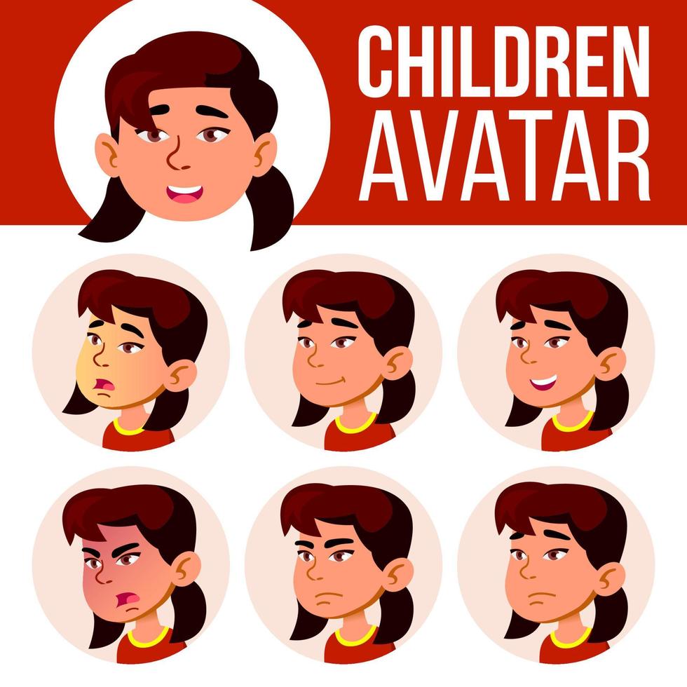 asiatische mädchen avatar set kind vektor. Kindergarten. Emotionen begegnen. Porträt, Benutzer, Kind. Junior, Vorschule, Kiddy. Plakat, Präsentation. Cartoon-Kopf-Illustration vektor