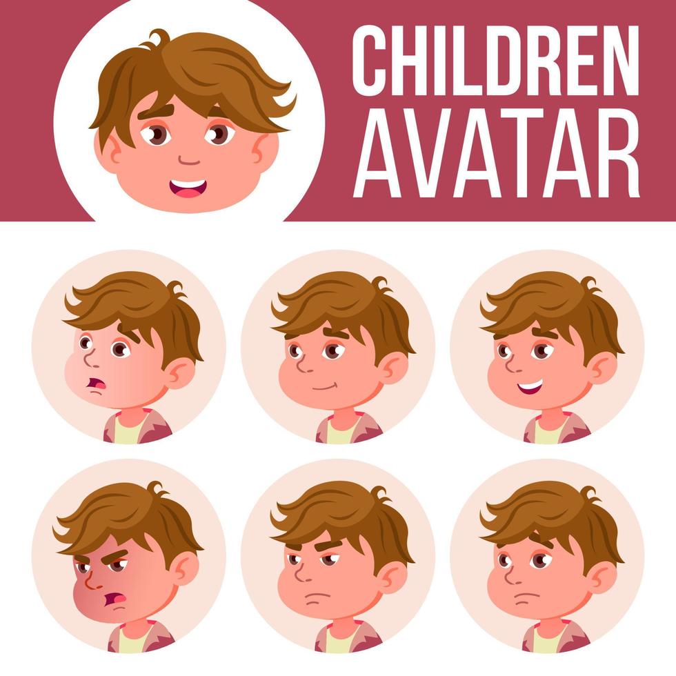 Junge Avatar Set Kindervektor. Kindergarten. Emotionen begegnen. Cartoon, Comic, flach. klein, niedlich, komisch. Postkarte, Ankündigung. Cartoon-Kopf-Illustration vektor