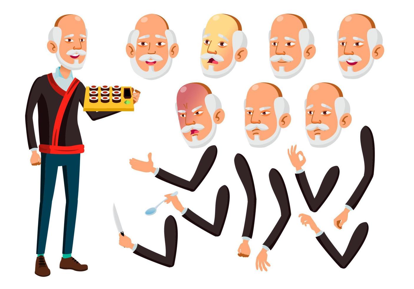 asiatisk gammal man vektor. senior person. åldrig, äldre människor. rolig, vänskap. ansikte känslor, olika gester. animering skapande uppsättning. isolerat platt tecknad serie karaktär illustration vektor