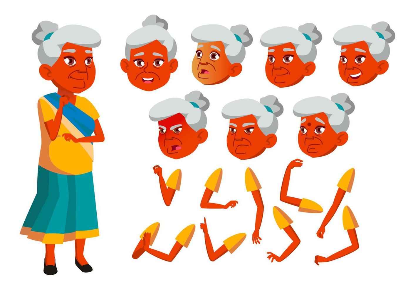 indische alte Frau Vektor. älterer Mensch. alte, ältere Menschen. positiv. Gesicht Emotionen, verschiedene Gesten. Animationserstellungsset. isolierte flache zeichentrickfigur illustration vektor