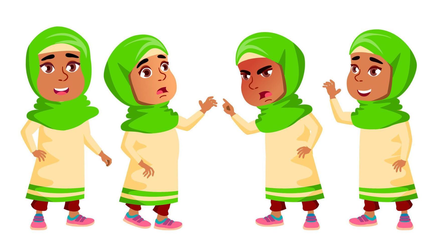 arabisches, muslimisches mädchen kindergartenkind stellt vektor auf. glücklicher schöner kindercharakter. für Werbung, Booklet, Plakatgestaltung. isolierte karikaturillustration