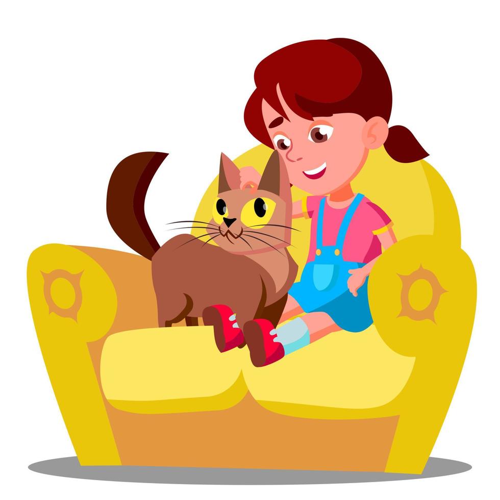 kleines Mädchen mit einer Katze, die auf dem Sofavektor sitzt. isolierte Abbildung vektor