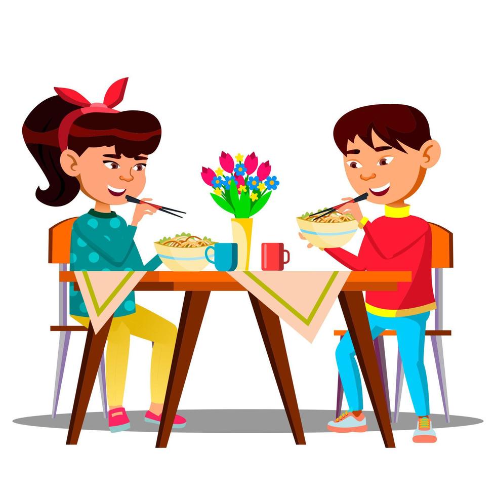 Zwei hungrige kleine asiatische Kinder am Tisch essen Spaghetti, Nudelvektor. isolierte Abbildung vektor