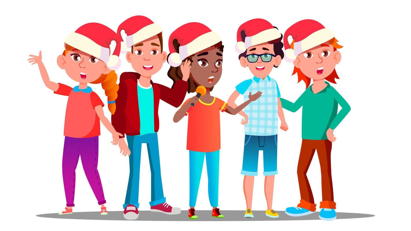 Kinder in den Weihnachtskappen, die Weihnachtsliedvektor singen. Illustration vektor