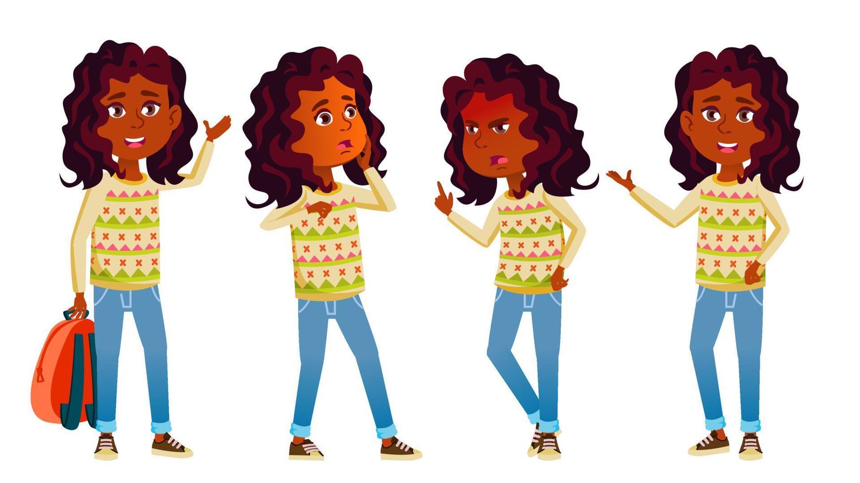 indisk flicka unge poser uppsättning vektor. hög skola barn. hindu med ryggsäck. tonåring, klassrum, rum. för vykort, meddelande, omslag design. isolerat tecknad serie illustration vektor