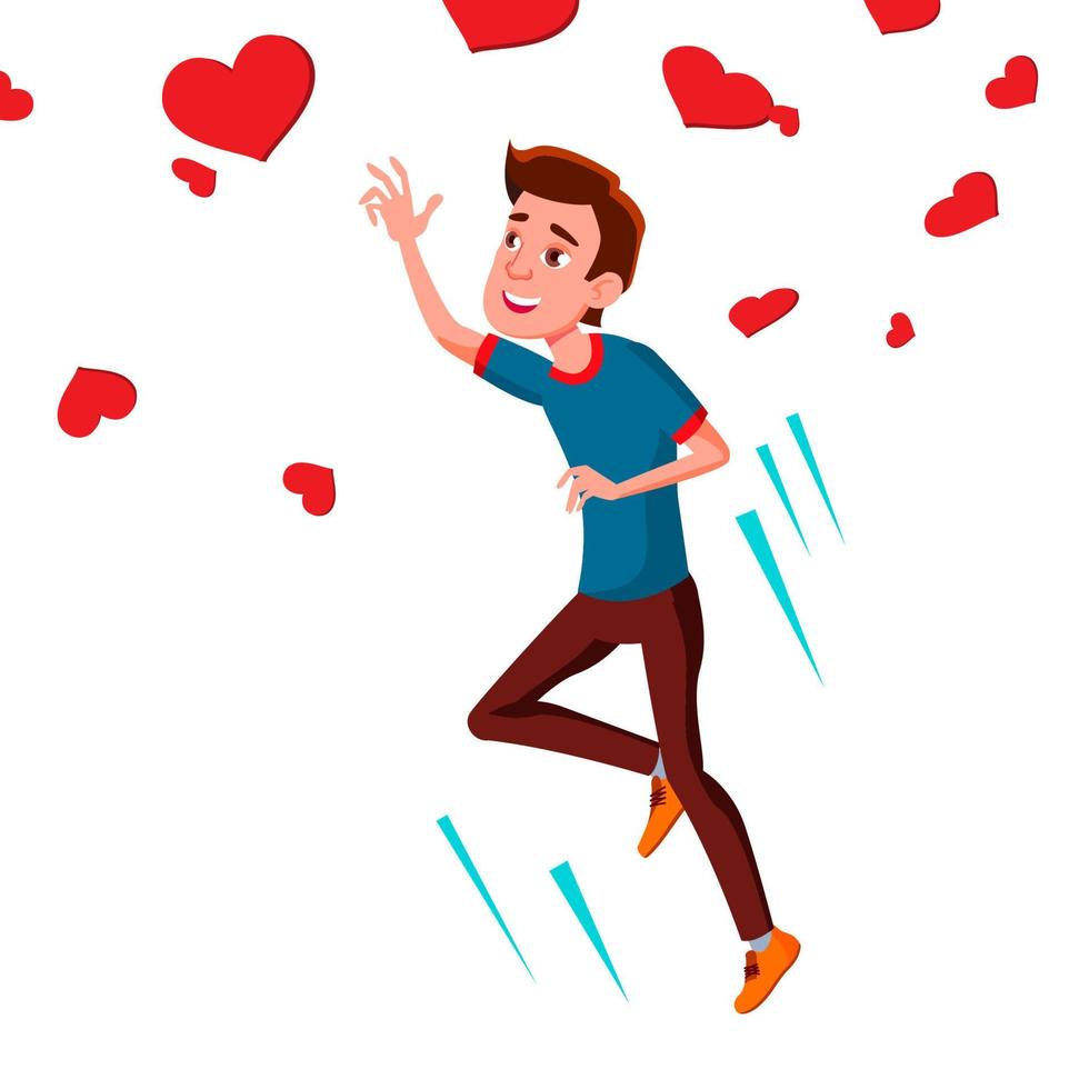 tonåring kille fångst flygande hjärtan vektor. illustration vektor