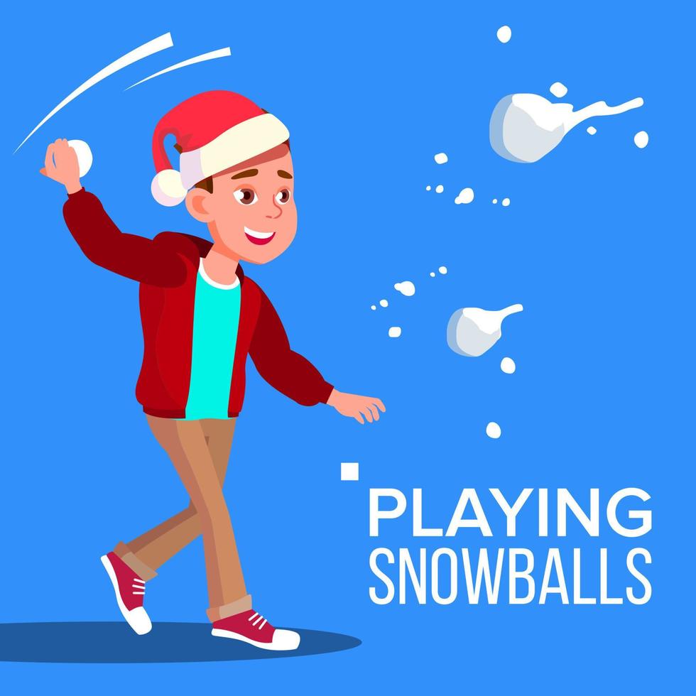 barn pojke i santa hatt spelar snöbollar vektor. illustration vektor