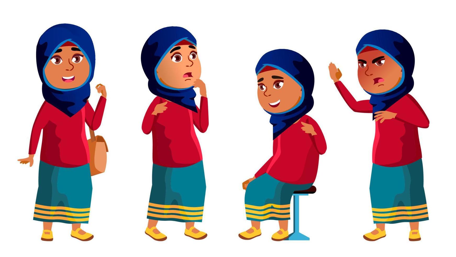 arab, muslim flicka unge poser uppsättning vektor. hög skola barn. barn, elev. aktiva, glädje, fritid. för baner, flygblad, broschyr design. isolerat tecknad serie illustration vektor