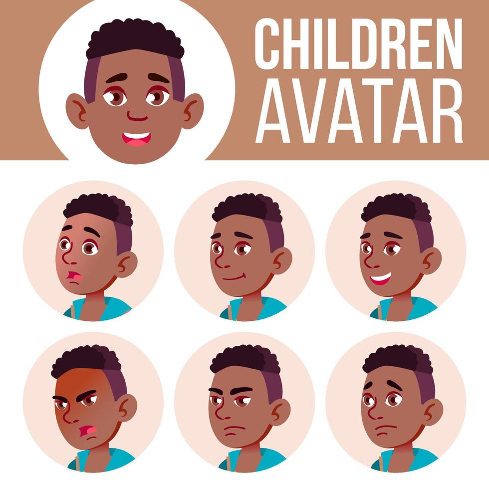 Junge Avatar Set Kindervektor. Schwarz. Afroamerikaner. weiterführende Schule. Emotionen begegnen. hoch, Kind Schüler. klein, jünger. Cartoon-Kopf-Illustration vektor