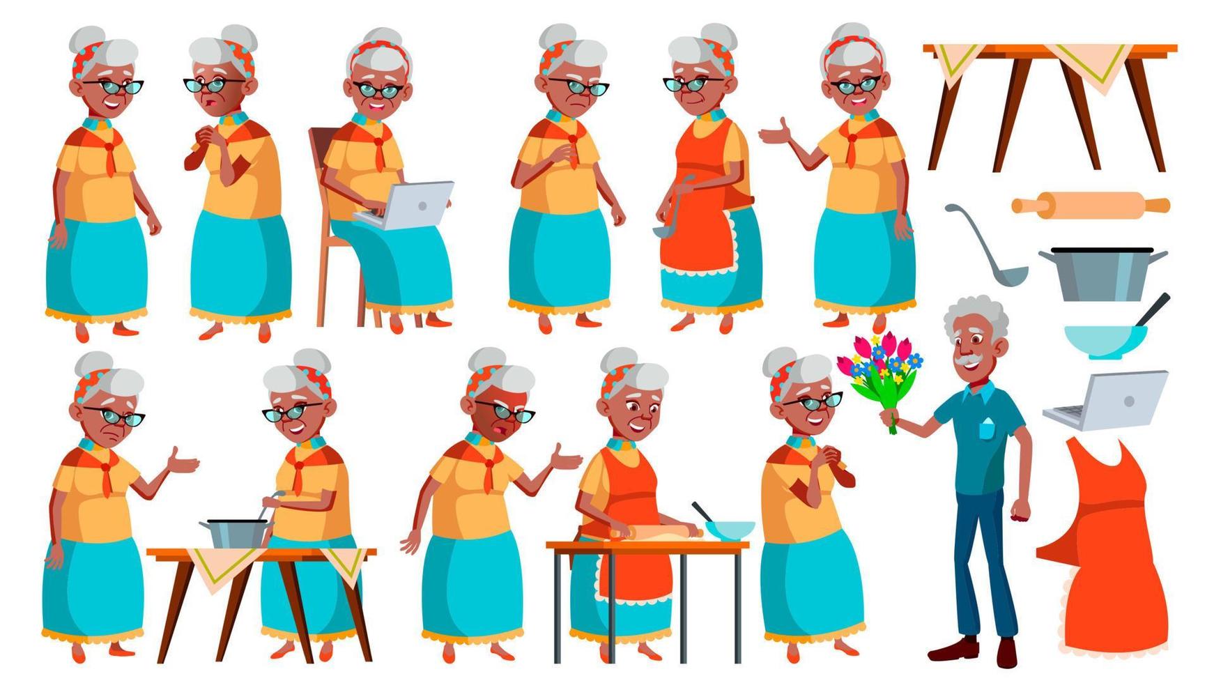 gammal kvinna poser uppsättning vektor. svart. afro amerikansk. äldre människor. senior person. åldrig. aktiva morförälder. glädje. presentation, skriva ut, inbjudan design. isolerat tecknad serie illustration vektor