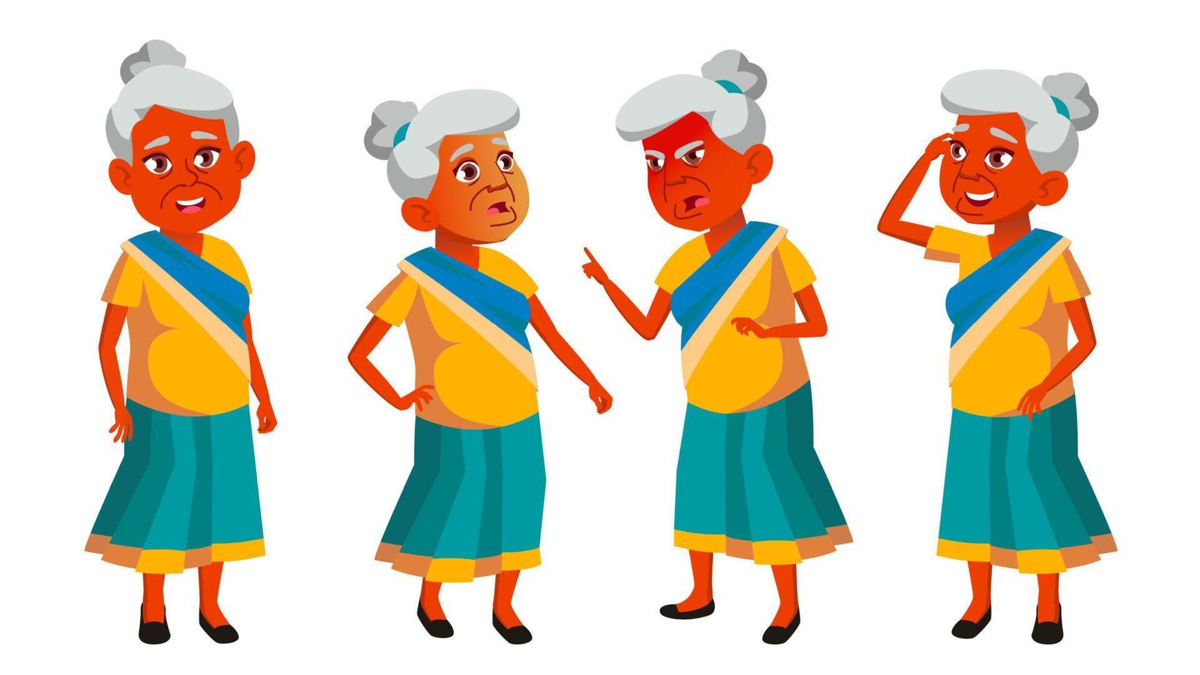indisk gammal kvinna poser uppsättning vektor. äldre människor. senior person. åldrig. rolig pensionär. fritid. meddelande, omslag design. isolerat tecknad serie illustration vektor