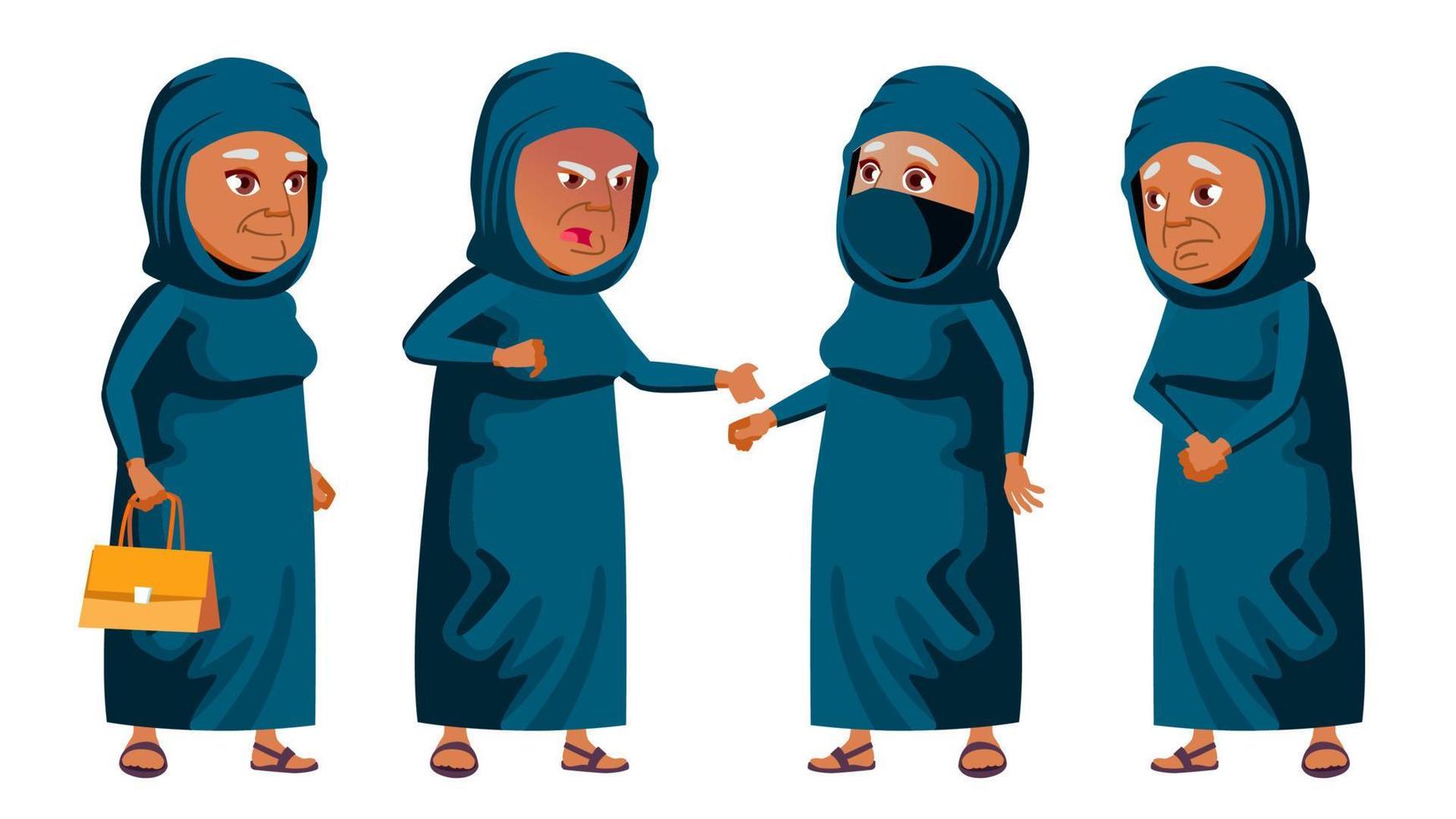 arab, muslim gammal kvinna poser uppsättning vektor. äldre människor. senior person. åldrig. rolig pensionär. fritid. vykort, meddelande, omslag design. isolerat tecknad serie illustration vektor