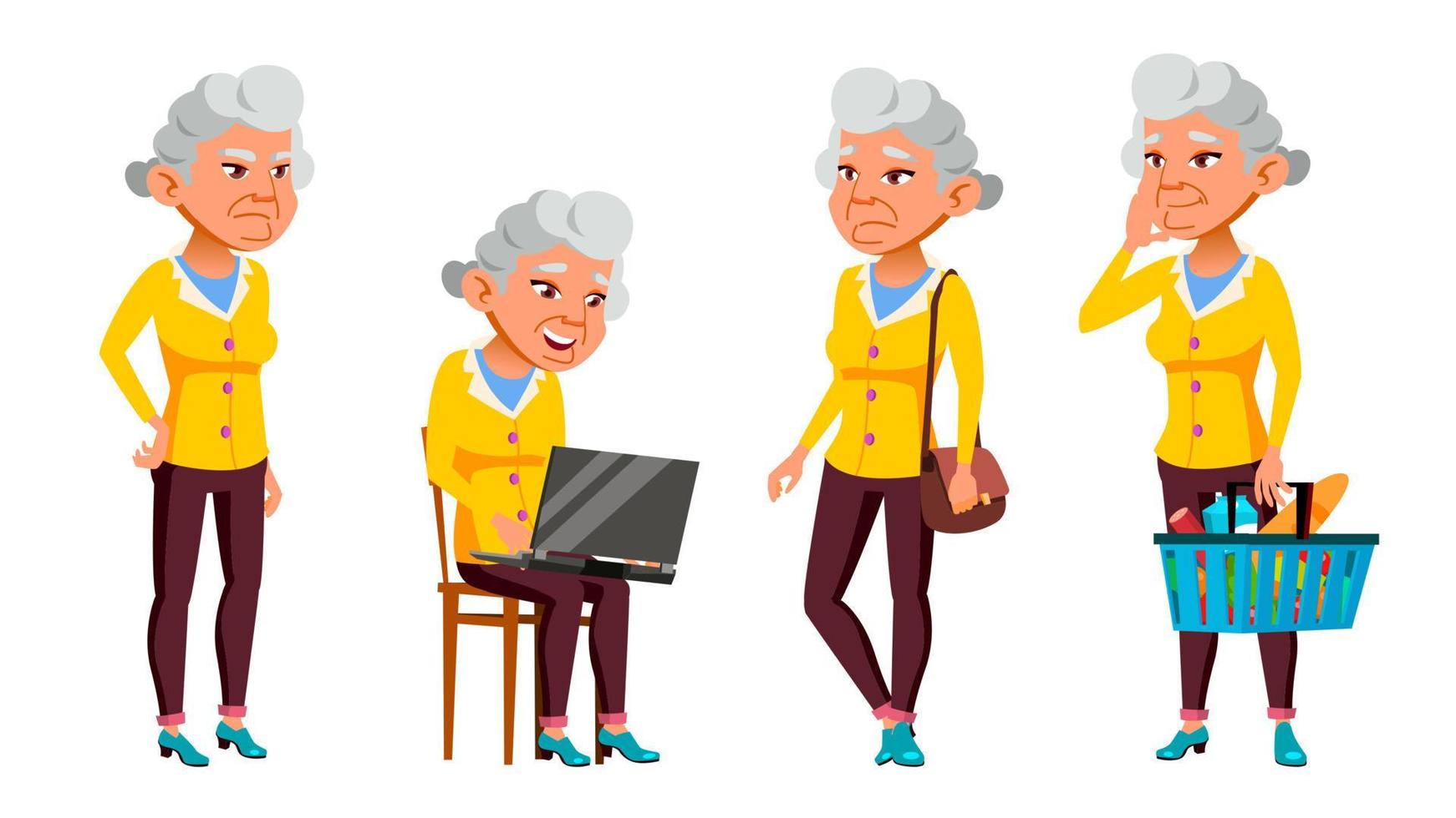 asiatisk gammal kvinna poser uppsättning vektor. äldre människor. senior person. åldrig. skön pensionär. liv. presentation, skriva ut, inbjudan design. isolerat tecknad serie illustration vektor