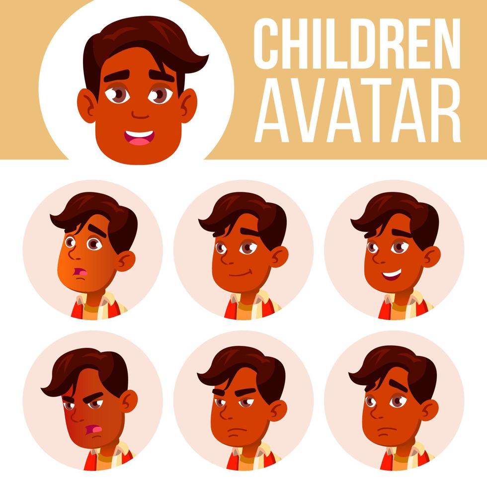 indisk pojke avatar uppsättning unge vektor. hög skola. ansikte känslor. användare, karaktär. heja på, Söt. tecknad serie huvud illustration vektor