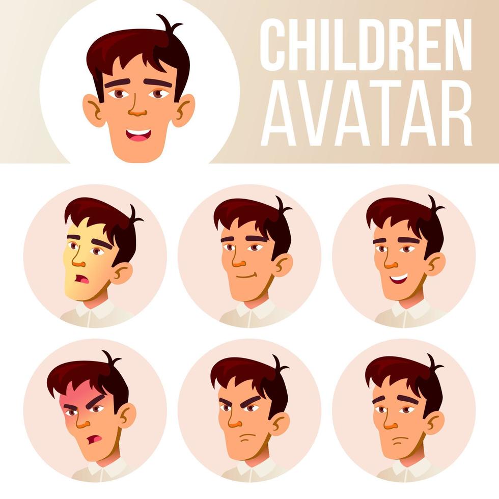 asiatisk pojke avatar uppsättning unge vektor. hög skola. ansikte känslor. känslor, emotionell. tillfällig, vän. tecknad serie huvud illustration vektor