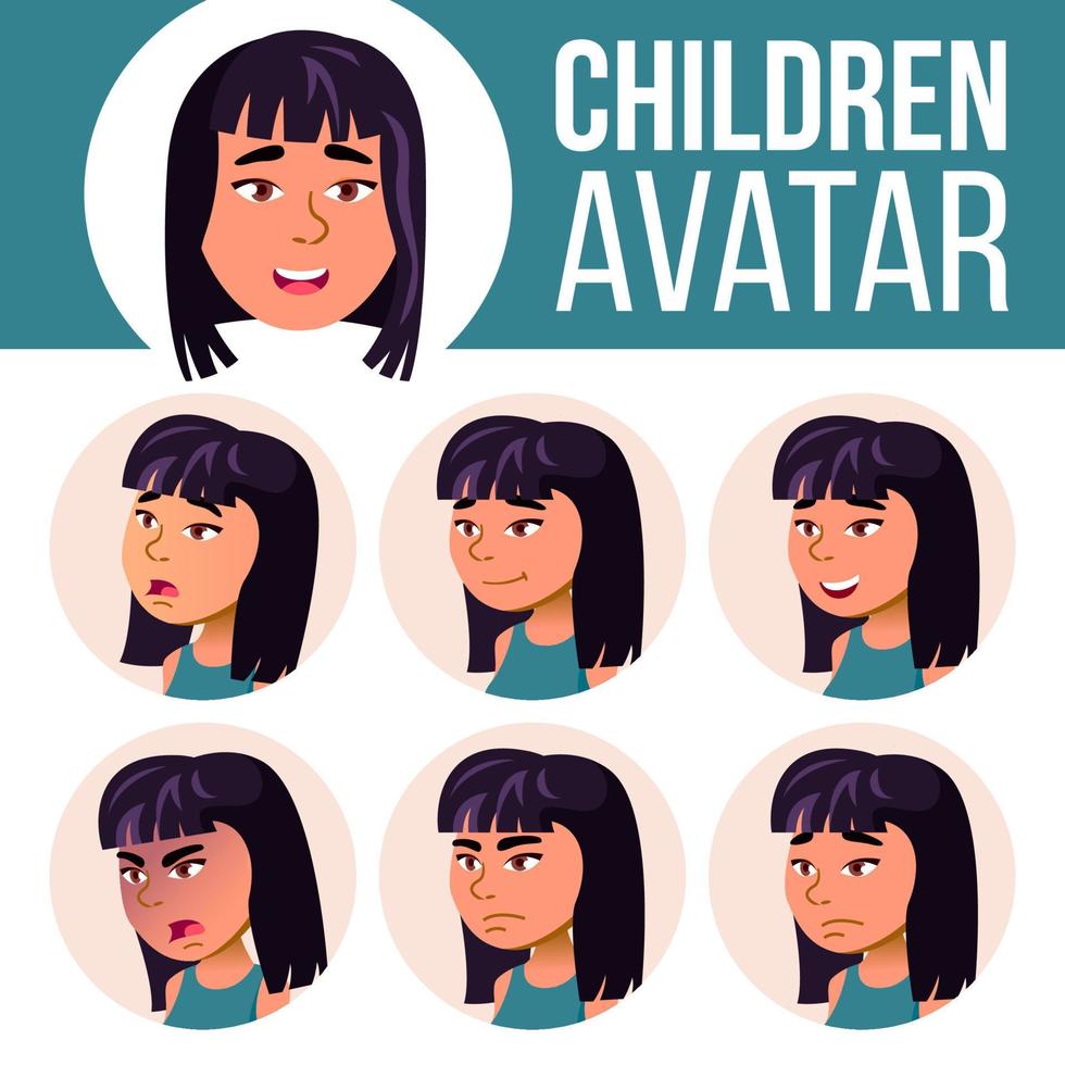 asiatisk flicka avatar uppsättning vektor. hög skola. ansikte känslor. uttryck, positiv person. skönhet, livsstil. tecknad serie huvud illustration vektor
