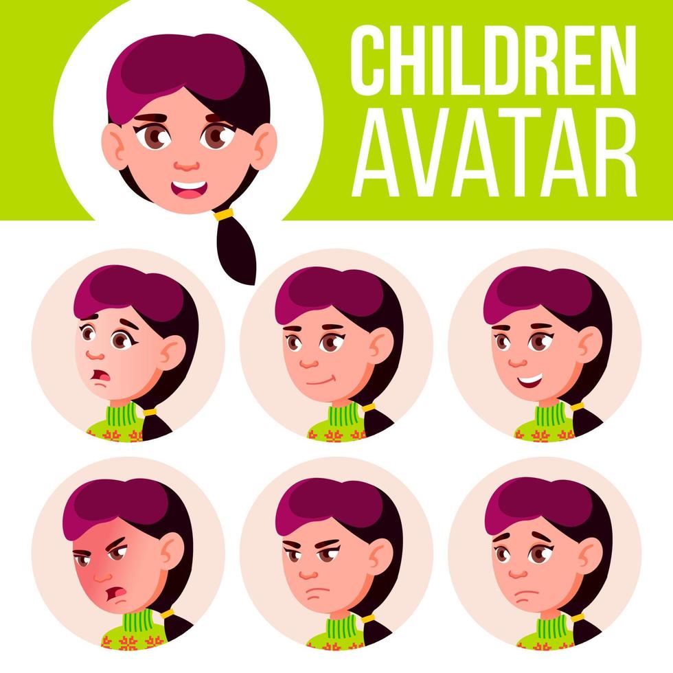 Mädchen-Avatar-Set-Kind-Vektor. weiterführende Schule. Emotionen begegnen. Kinder. schön, lustig. Cartoon-Kopf-Illustration vektor