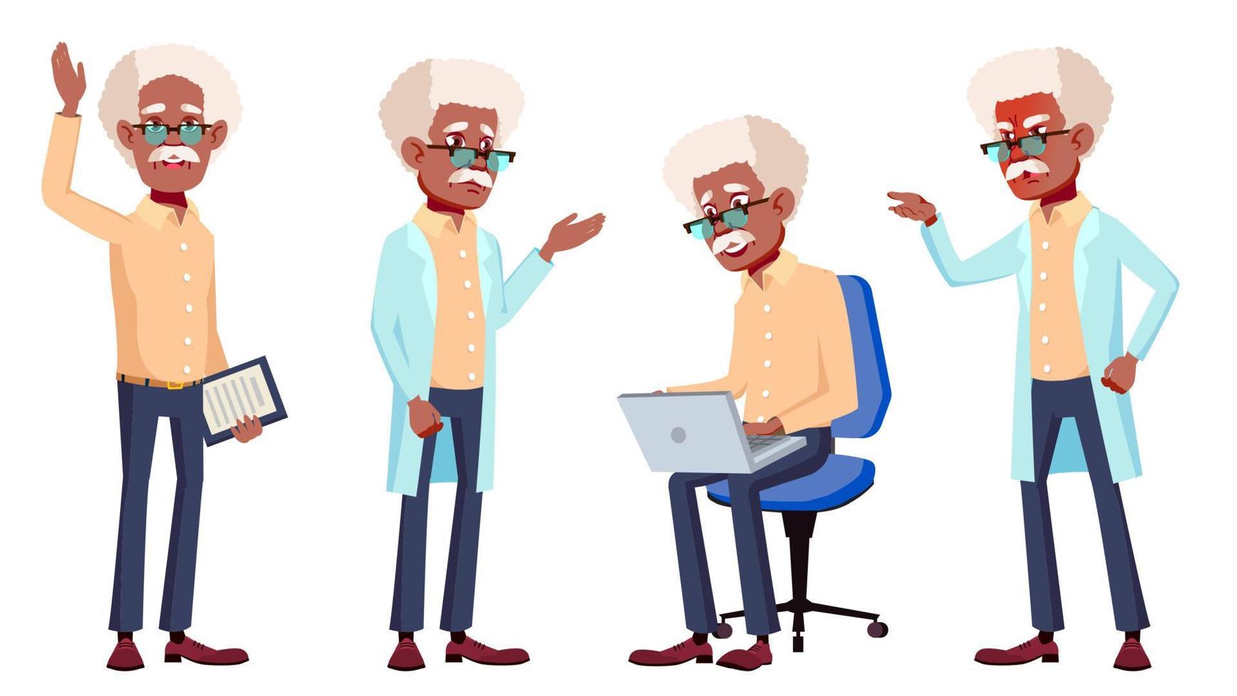 gammal man poser uppsättning vektor. svart. afro amerikansk. äldre människor. senior person. åldrig. isolerat tecknad serie illustration vektor