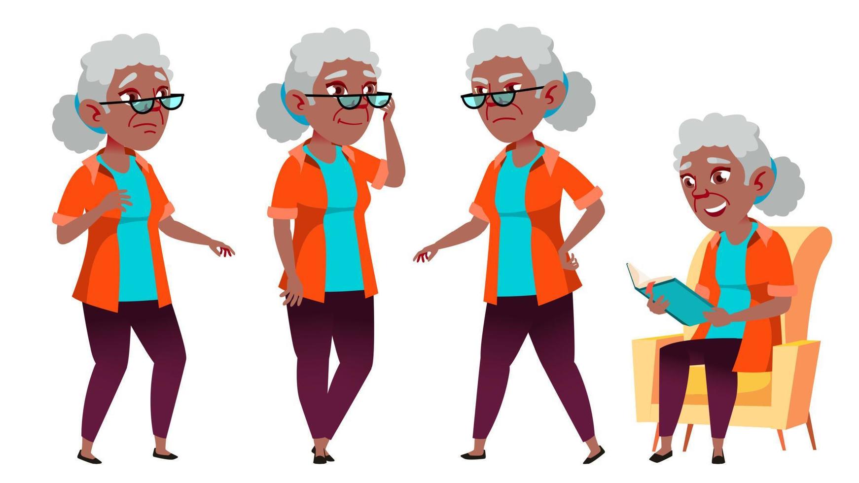 gammal kvinna poser uppsättning vektor. svart. afro amerikansk. äldre människor. senior person. åldrig. rolig pensionär. fritid. vykort, meddelande, omslag design. isolerat tecknad serie illustration vektor