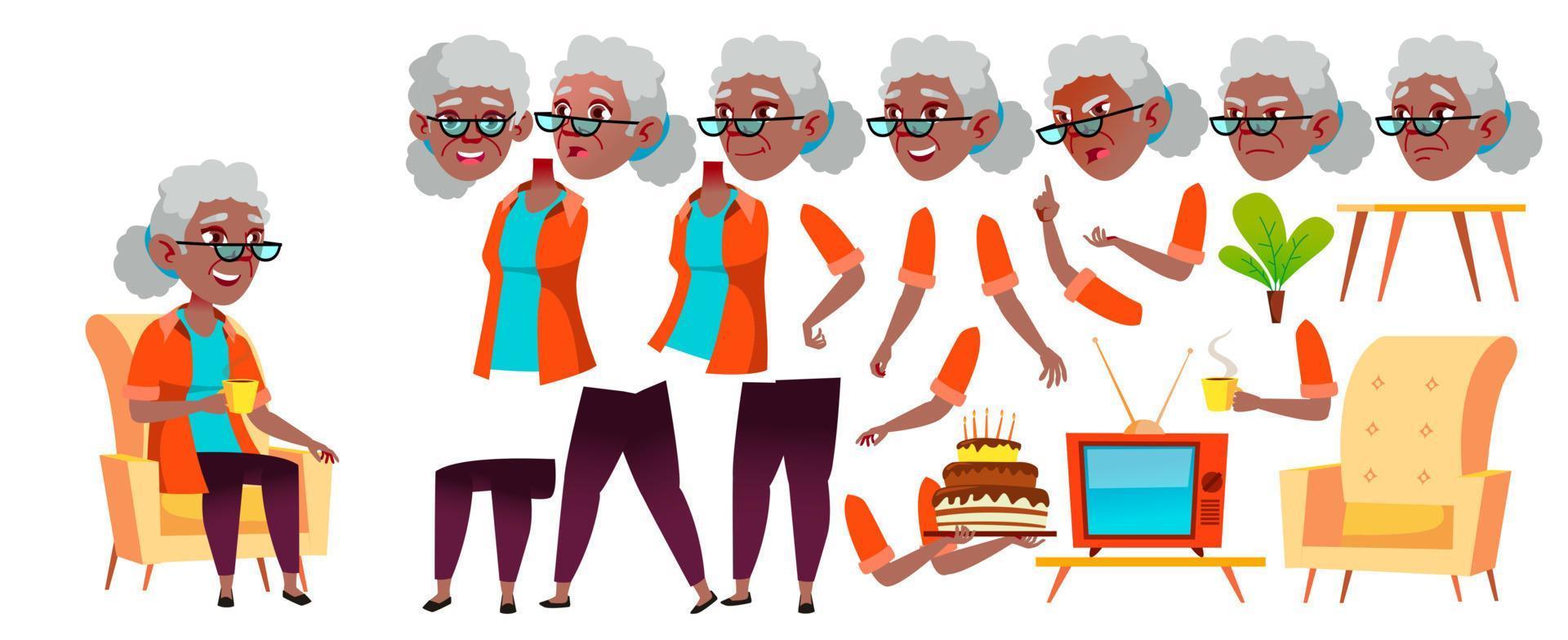 Vektor der alten Frau. Schwarz. Afroamerikaner. Porträt einer älteren Person. ältere Menschen. alt. Animationserstellungsset. Gesicht Emotionen, Gesten. freundliche Großeltern. animiert. isolierte Abbildung