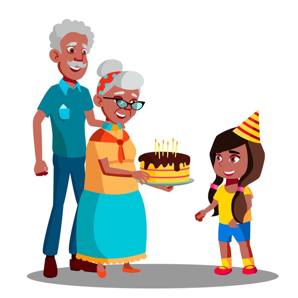 afro amerikan gammal man, kvinna fira barn barnbarn födelsedag vektor. isolerat illustration vektor