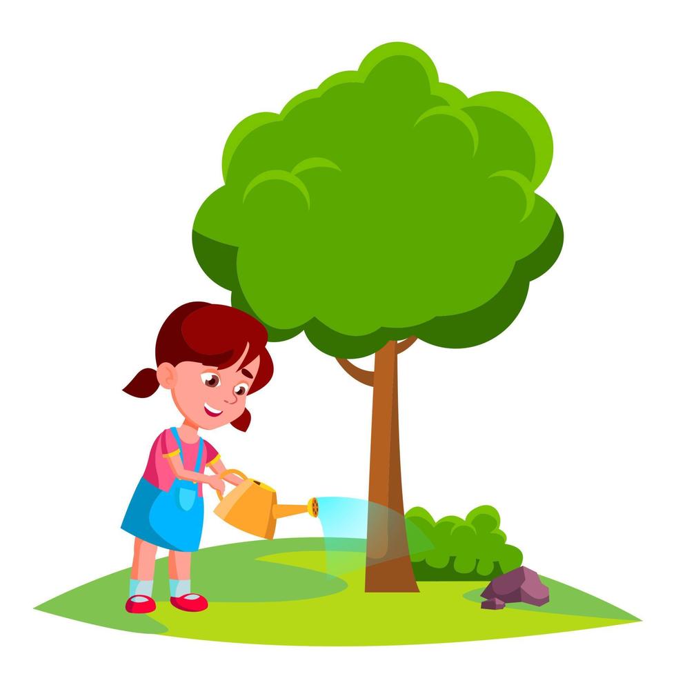 flicka barn vattning träd, jord dag begrepp vektor. isolerat illustration vektor