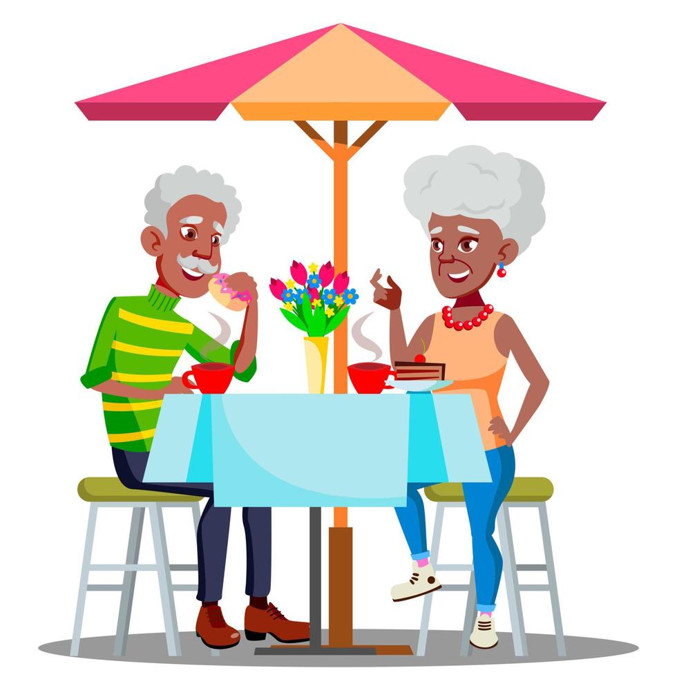 Lycklig äldre par i Kafé på en tabell dricka kaffe tillsammans vektor. isolerat illustration vektor