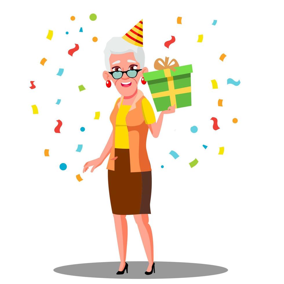 rolig gammal kvinna fira födelsedag i fest caps och konfetti vektor. isolerat illustration vektor
