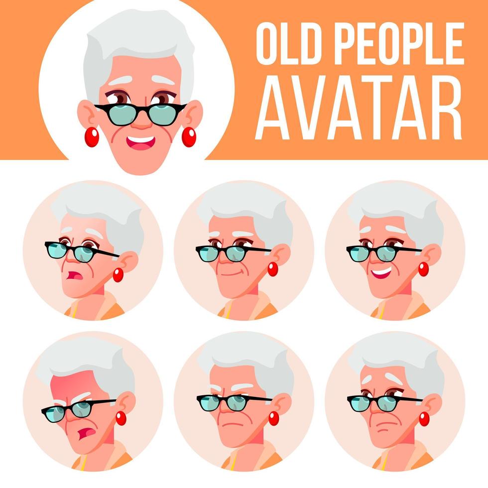 gammal kvinna avatar uppsättning vektor. ansikte känslor. senior person porträtt. äldre människor. åldrig. liv, emotionell. tecknad serie huvud illustration vektor