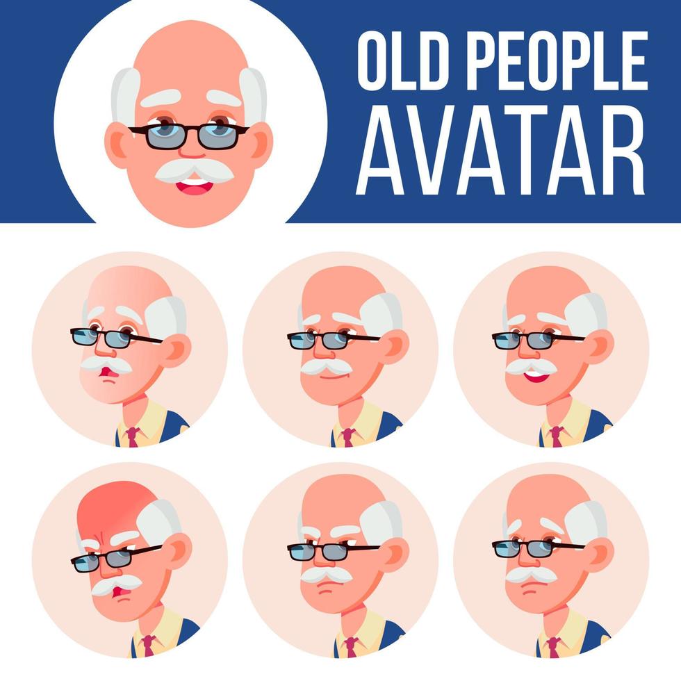 gammal man avatar uppsättning vektor. ansikte känslor. senior person porträtt. äldre människor. åldrig. känslor, emotionell. tillfällig. tecknad serie huvud illustration vektor
