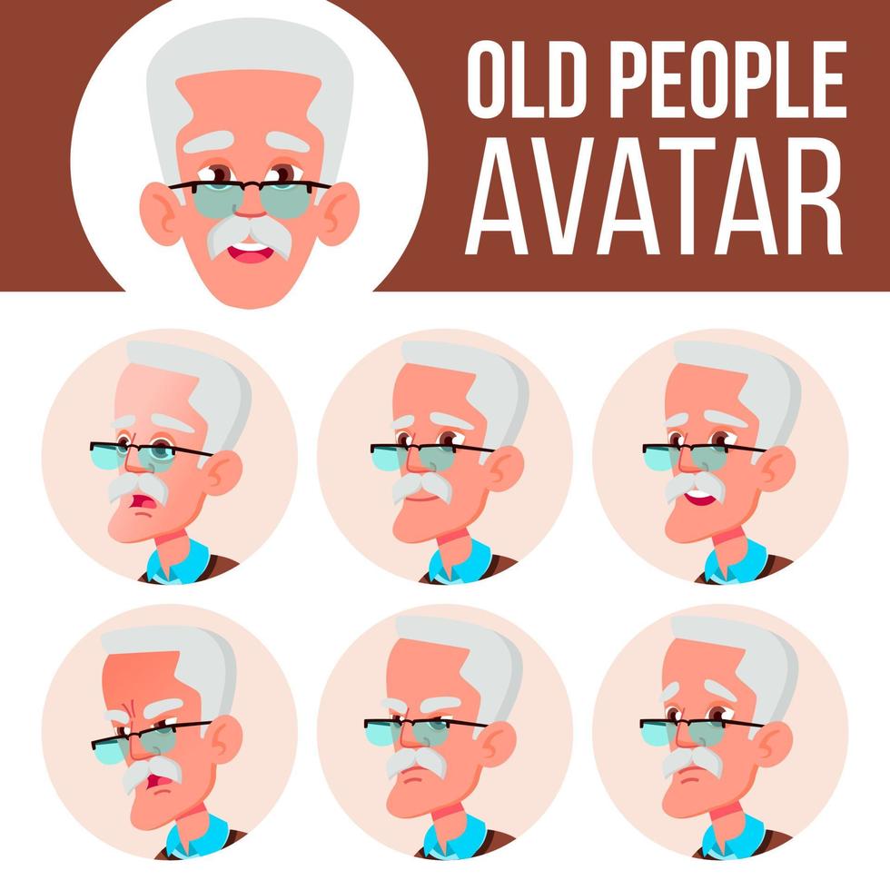 gammal man avatar uppsättning vektor. ansikte känslor. senior person porträtt. äldre människor. åldrig. vänlig. positiv person. tecknad serie huvud illustration vektor