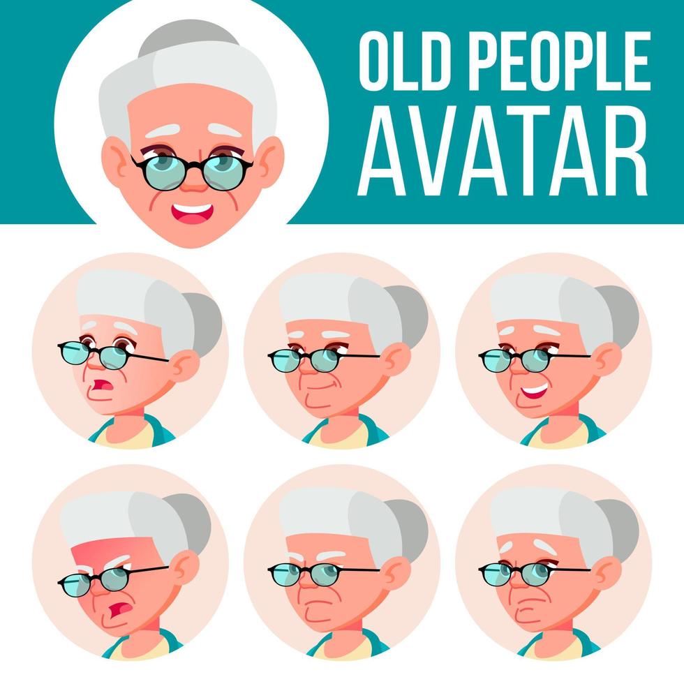 gammal kvinna avatar uppsättning vektor. ansikte känslor. senior person porträtt. äldre människor. åldrig. ansiktsbehandling, människor. positiv. tecknad serie huvud illustration vektor