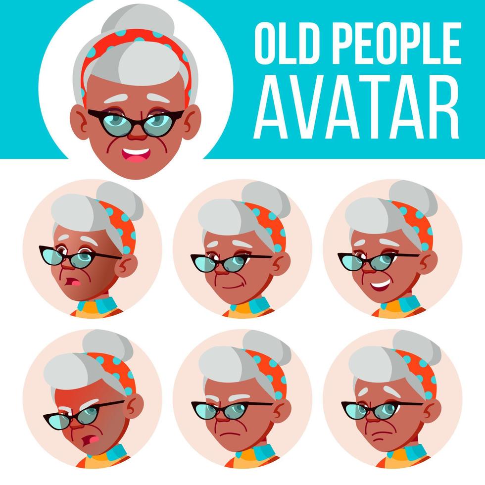 alte frau avatar set vektor. Schwarz. Afroamerikaner. Emotionen begegnen. Porträt einer älteren Person. ältere Menschen. alt. flach, porträt. kaukasisch. Cartoon-Kopf-Illustration vektor